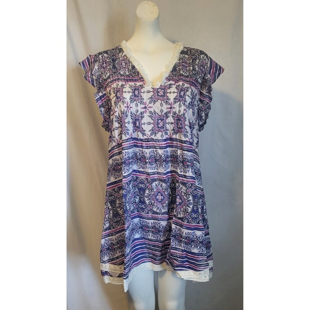 True Destinations Resort Wear Dress XS Purple Geometric Mini Boho Beach, NWOT